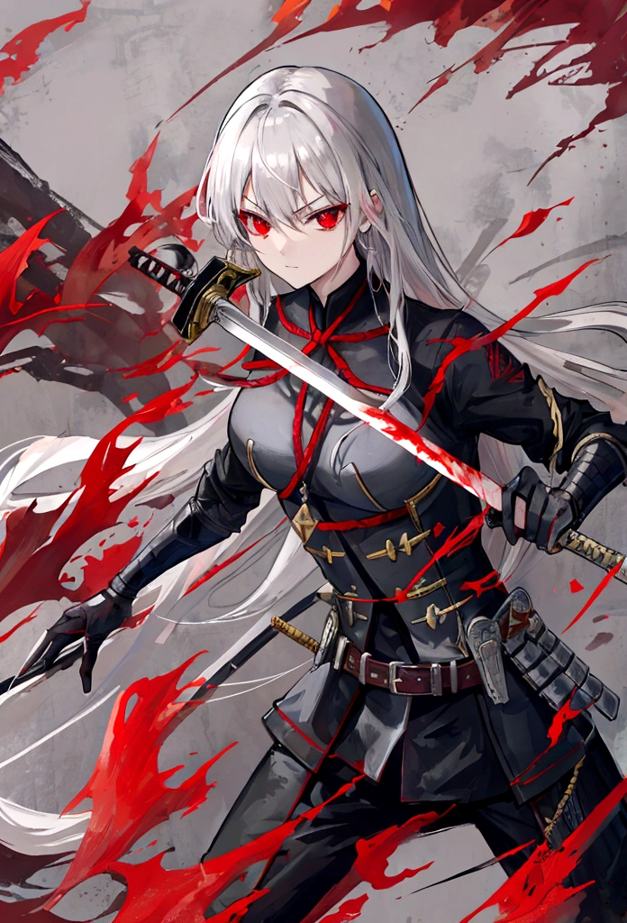 high quality,knight鎧,Gray Hair,Long Hair, Seductive red eyes, Cool,knight,Western style,battle,Holding a sword,Naoken,Swordfighting,Extracting the Sword,Moving Pictures,Bleeding,Return blood,battlefield,break,Grit your teeth,kill,Slashing to death,assassination