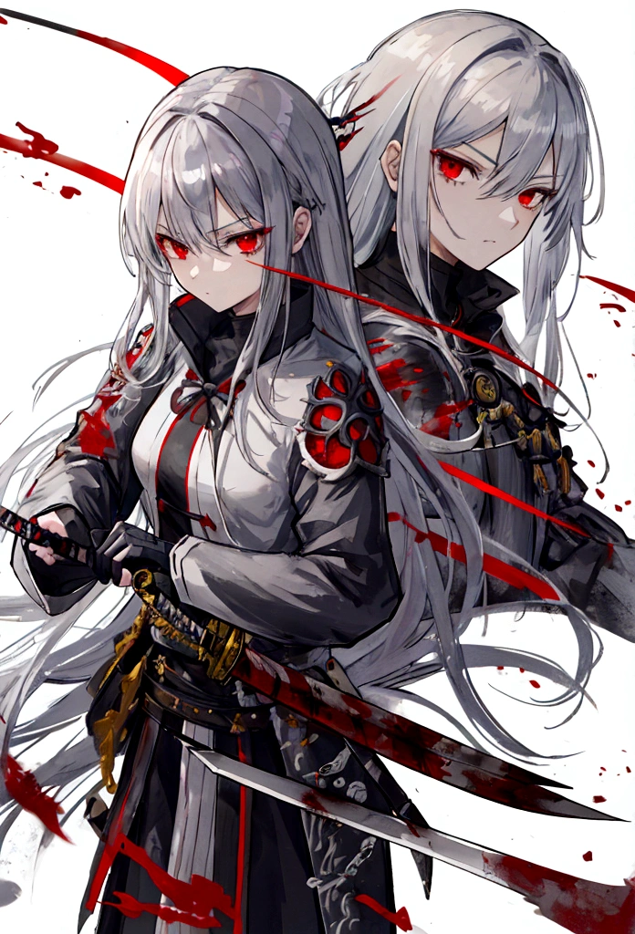 high quality,knight鎧,Gray Hair,Long Hair, Seductive red eyes, Cool,knight,Western style,battle,Holding a sword,Naoken,Swordfighting,Extracting the Sword,Moving Pictures,Bleeding,Return blood,battlefield,break,Grit your teeth,kill,Slashing to death,assassination