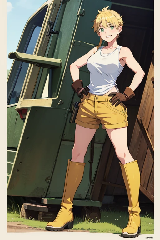 Anime Art、Full body portrait、A freckled female mechanic, about 38 years old, about 165 cm tall, wearing a white tank top and brown shorts, standing upright with her hands on her hips、Laughing with mouth open、The hairstyle is short、Blonde、wearing goggles、Green Eyes、gloves、Knee-high boots