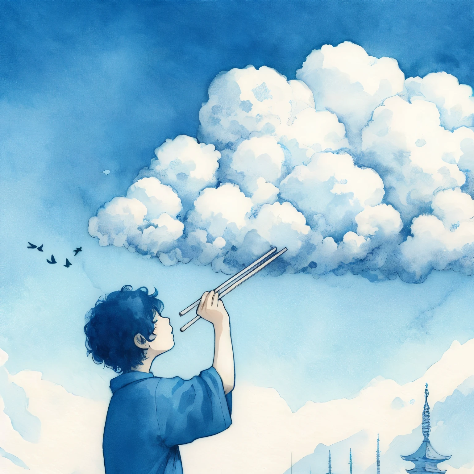 an anime boy looking at fluffy clouds, chopsticks in hand, beautiful clouds, detailed anime character, intricate Japanese art, vibrant colors, dramatic lighting, ethereal atmosphere, whimsical, dreamlike, (best quality,4k,8k,highres,masterpiece:1.2),ultra-detailed, 1boy, anime style, japanese art, dramatic lighting, ethereal, whimsical, dreamlike, vibrant colors