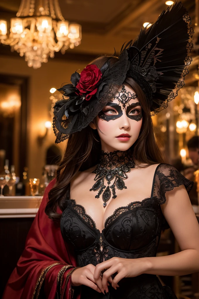 Create a full-body photo of a woman at a secret masquerade party. She is wearing an intricate Venetian mask and an elaborate costume, exuding elegance and mystery. Focus on her sophisticated appearance, highlighting her beautifully detailed eyes and lips. Ensure the face and features are meticulously detailed, with a complex mask design. The scene is set inside a bar with a modern interior and red lighting, creating a moody and enigmatic atmosphere. Use dramatic chiaroscuro lighting with rich shadows to enhance the cinematic quality. The lighting should be dim to emphasize the secretive feel. Ensure the image is of the highest quality, with 4k, 8k resolution, and a masterpiece level of detail. The style should be ultra-detailed, realistic, and photorealistic, with a rich, refined, and captivating color palette. Avoid including any cold masks or mouth masks in the design