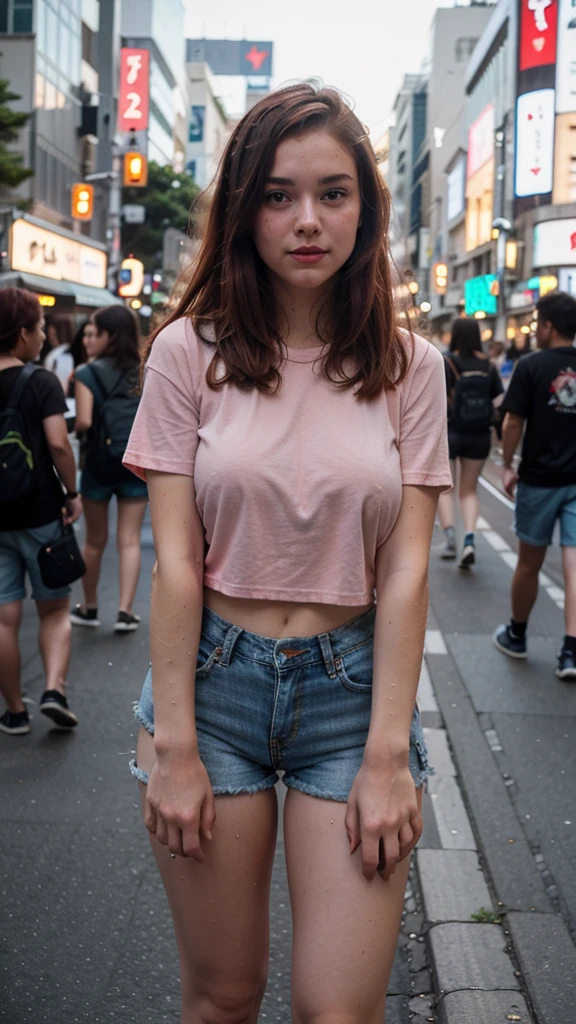 Redhead teenager, Short shirt, sweaty hair, On the streets of Shibuya, big breasts, Under the chest is visible, full body shot, The whole body is shown., background blur, Red hair, Movie light effects, perspiration, small t-shirt, tourists in the background, sparkling eyes, blush, shy, Red lips, denim shorts, tilt one&#39;face, Previous open jacket, disdainful eyes, Comb your hair, tilt one&#39;head, high heelsを履いている, Beautiful silver hair, Very detailed face, kitten at my feet, Beautiful white skin, high heels, Supermodel proportions, dark makeup