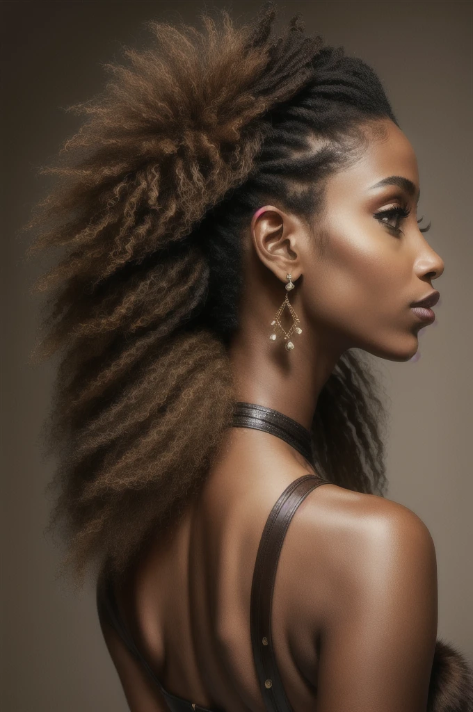 best quality, ultra high res, (photorealistic:1.4), masterpiece, 1girl, brown skin color, brown_eyes, from_behind, fur_trim, hair_over_one_eye, lips, long_hair, make up, looking_at_viewer, looking_back, nose, photo_\(medium\), photorealistic, realistic, solo, teeth, upper_body