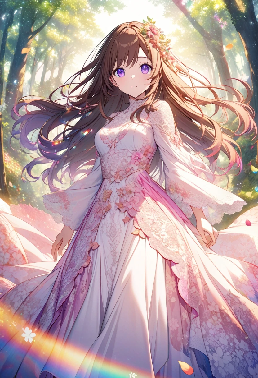 “Create an AI illustration of an anime-style character with brown long hair and purple eyes, adorned with floral decorations. The character wears a flowing dress with special lace detailing, transitioning from white to pink, decorated with flower patterns and petals, set against an ethereal forest background with beams of light filtering through the trees and floating colorful leaves.rainbow”