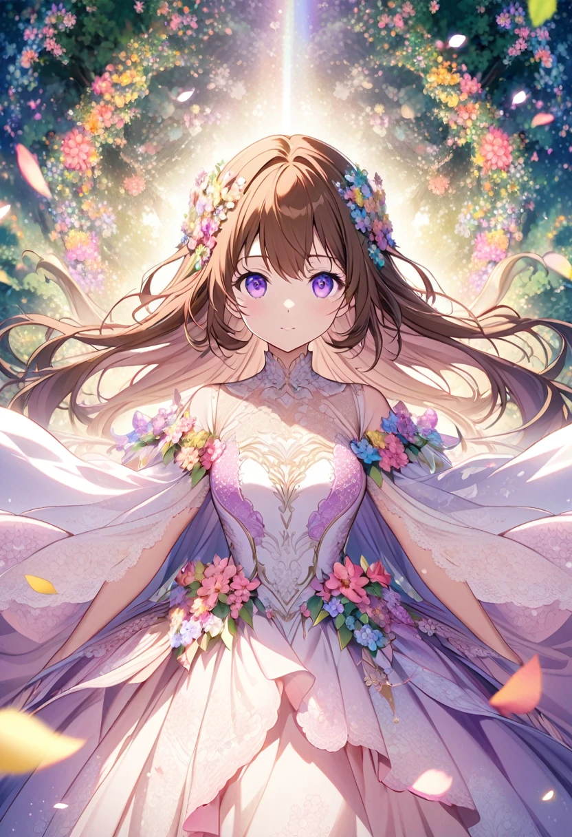 “Create an AI illustration of an anime-style character with brown long hair and purple eyes, adorned with floral decorations. The character wears a flowing dress with special lace detailing, transitioning from white to pink, decorated with flower patterns and petals, set against an ethereal forest background with beams of light filtering through the trees and floating colorful leaves.rainbow”