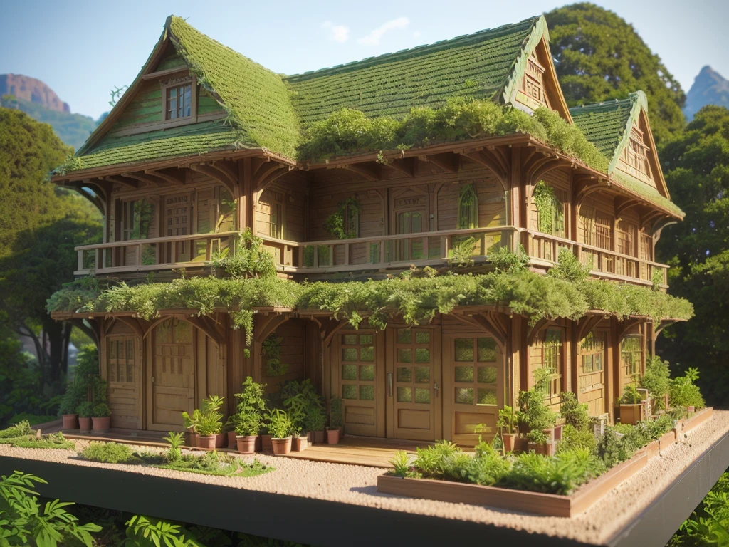 there are four miniature model buildings made of wood and plants, section model, architectural model, detailed clay model, center model buildings, miniature model, with vegetation, diorama model, detailed model, highly detailed model, 3d printed building, clay model, backside of scenography elements, perspective view, concept model, building cover with plant, buildings covered with greebles