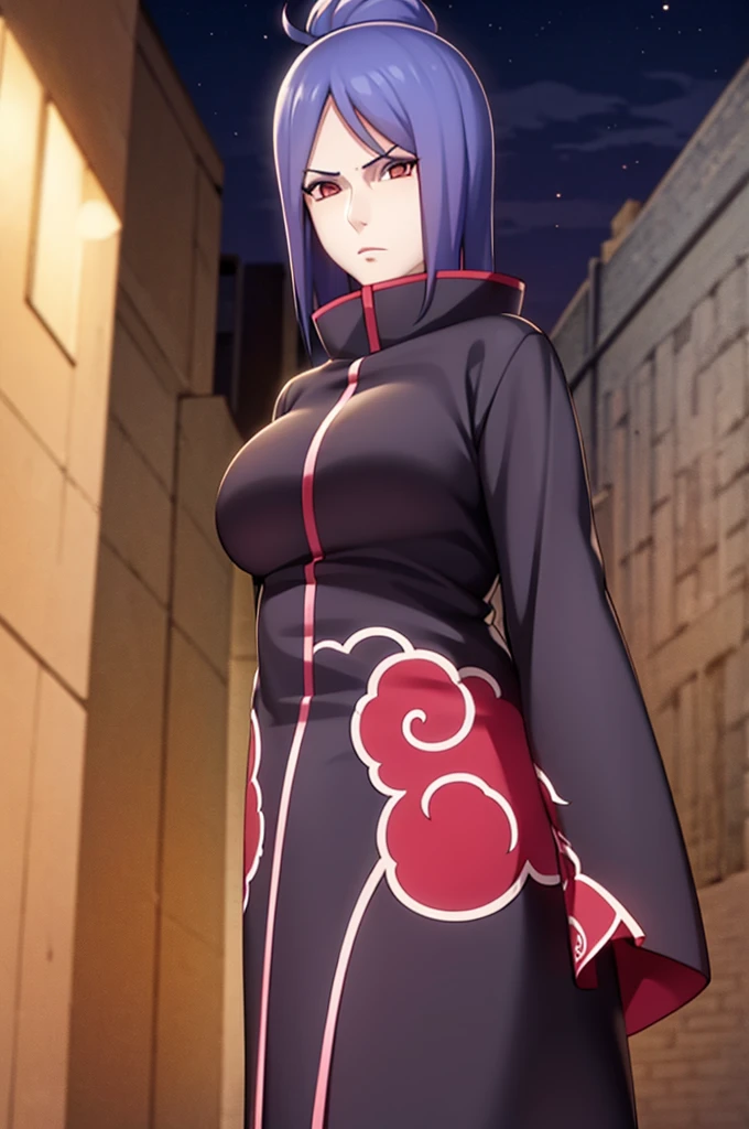 akatsuki robe with red clouds, piercings, looking at the viewer, blue hair, standing alone on a dark alley, night time, busty, large breasts, high quality, 4k