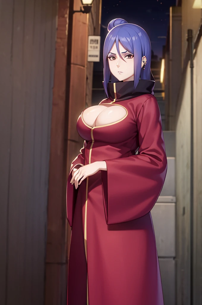 akatsuki robe with red clouds, piercings, looking at the viewer, blue hair, standing alone on a dark alley, night time, busty, large breasts, high quality, 4k