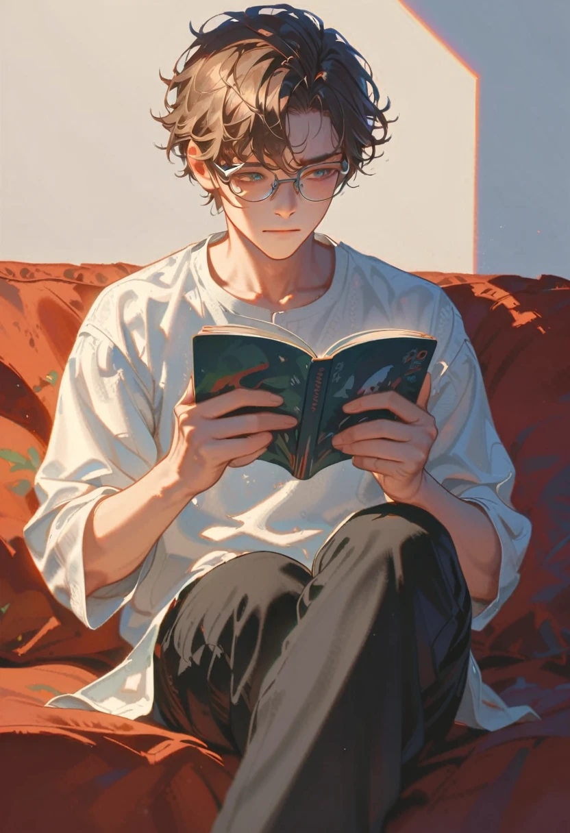 style9,boy,glasses, brown hair, sitting reading,