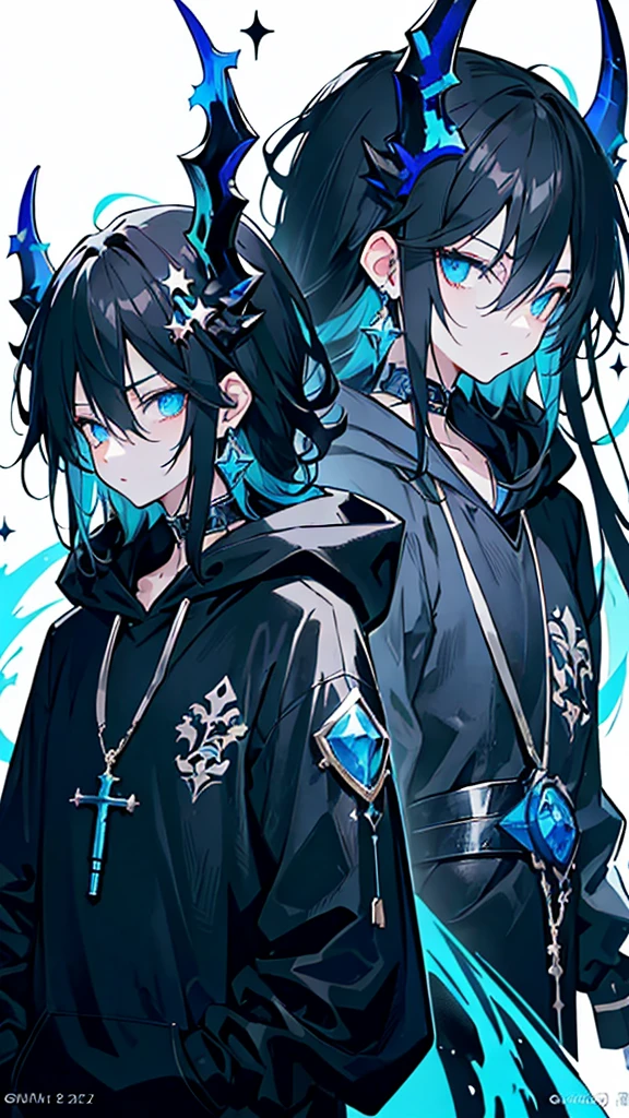 (masterpiece:1.2、highest quality), (Exquisite eyes: 1.2), (Detailed Background、Dark fantasy), (beauty detailed face), High Contrast, (Best lighting、Very delicate and beauty), ((Cinema Lighting) )), colorful, Hyper Detail, Dramatic Light, Intricate details, (1 , scruffy black hair, bangs, Blue eyes, dark castle, moon, dark night, midnigt, long earrings, black hoodie, blue demon horns, blue great sword at the back, looking at viewer, upper body), Black light swirling around the character, Depth of written boundary, black light particles, Nightcore, Spectacular anime style, zerochan art, Anime Wallpaper, Burning, High quality anime art style, Key Anime Art.