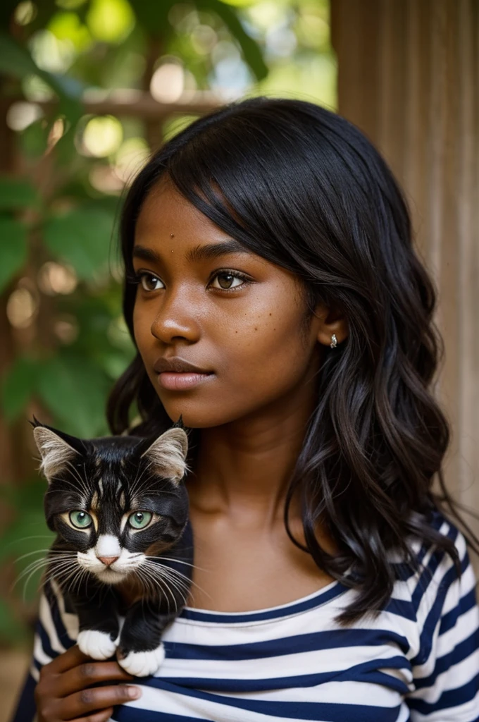 A girl with dark skin with 3 moles on her left cheek, vertically close to her nose, with slightly wavy hair marking a striped cat.