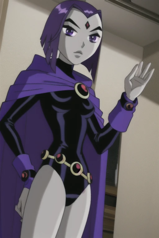 raven, 1girl, solo, purple eyes, purple hair, short hair, colored skin, grey skin, forehead jewel, black leotard, long sleeves, belt, purple cape,