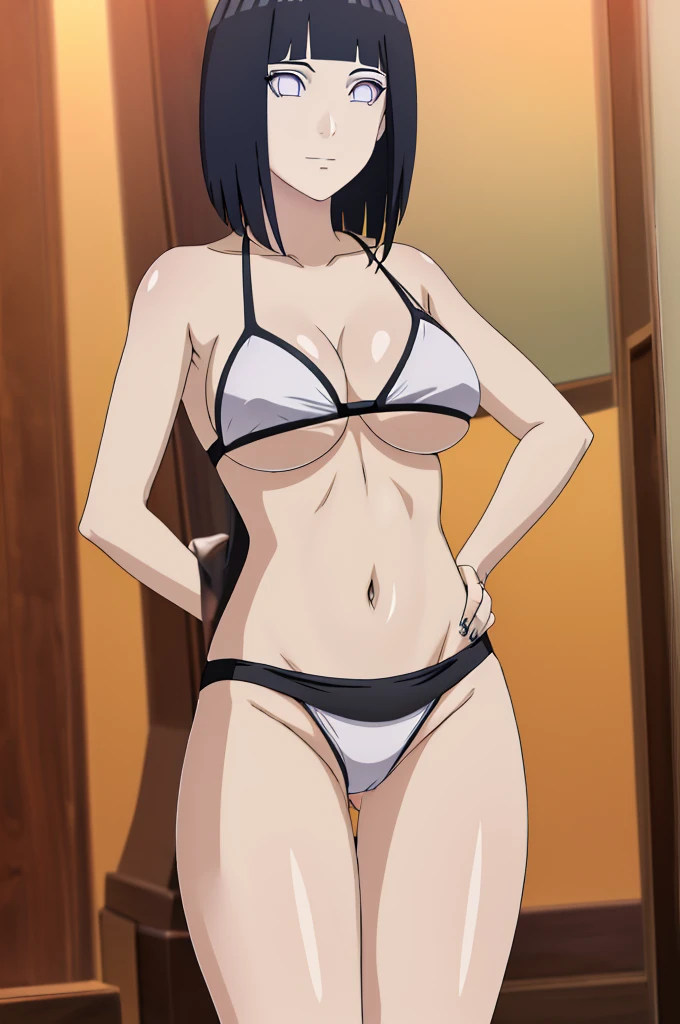 masterpiece, (intricate details), (colorful),cinematic lighting,extremely detailed CG unity 8k wallpaper ,hinata\(boruto\), 1girl,solo, large breasts, (hinata, hyuuga hinata, purple eyes, blunt bangs, black hair) big breasts, perfect breasts, large breasts, round breasts, sexy body, slim waist, nice hips, skinny, nice thighs, thick thighs, black bra, cleavage, bare shoulders, collarbone, underboob, slim waist, white bikini, bikini, swimsuit, small bikini, plain background, cowboy shot, body shot, front shot, full body, white backdrop, perfect eyes, glowing eyes, beautiful eyes, black background, simple background, no background , body shot, hands on hip
