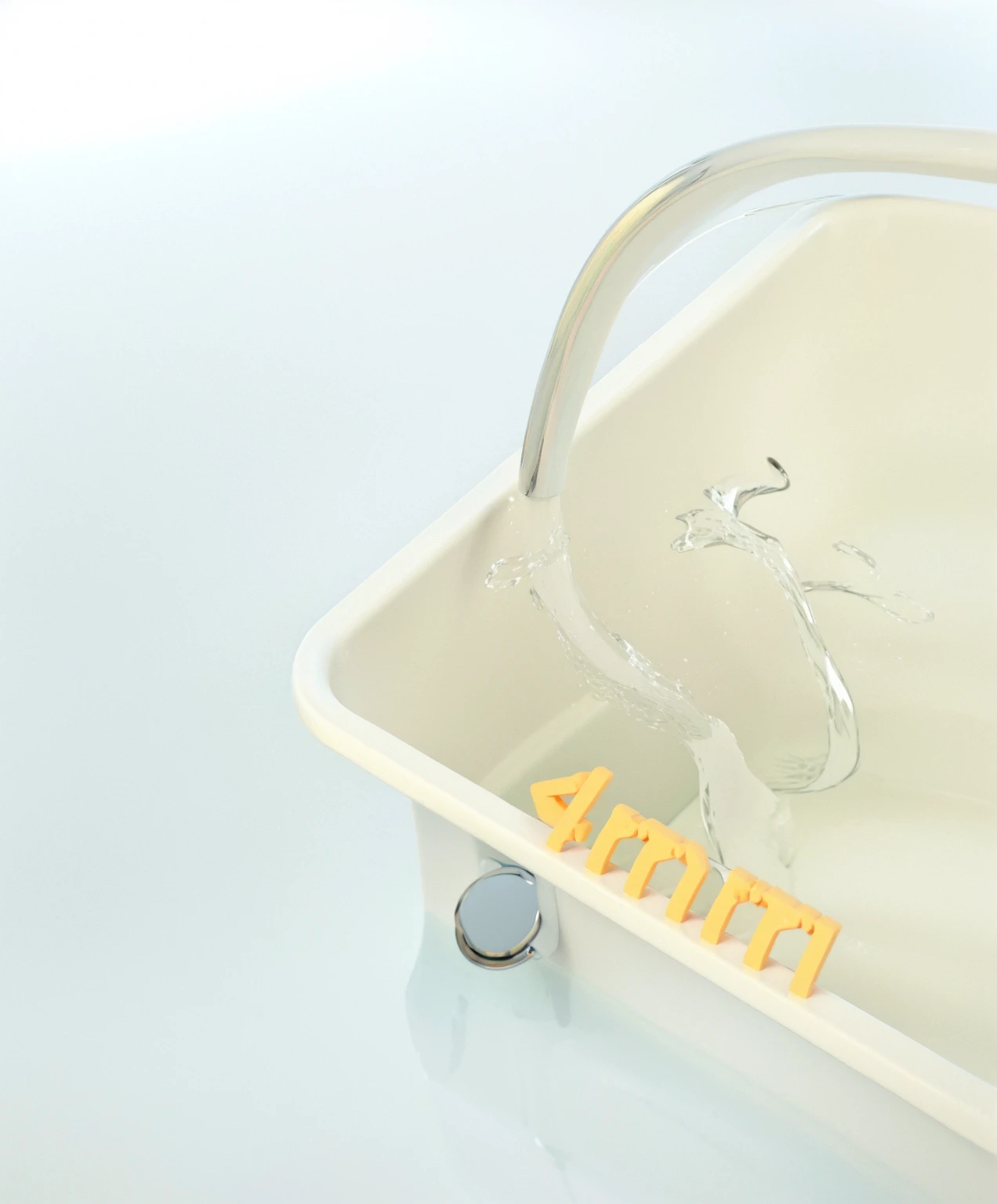 there is a white sink with a faucet and a name on it, 3 d fluid simulation render, rendered in cinema4d, rendered in cinema 4 d, depicted as a 3 d render, c 4 d ”, liquid simulation, cinema 4d render, cinema4d render, cinema 4 d render, houdini fluid simulation, clean 3 d render, c 4 d style