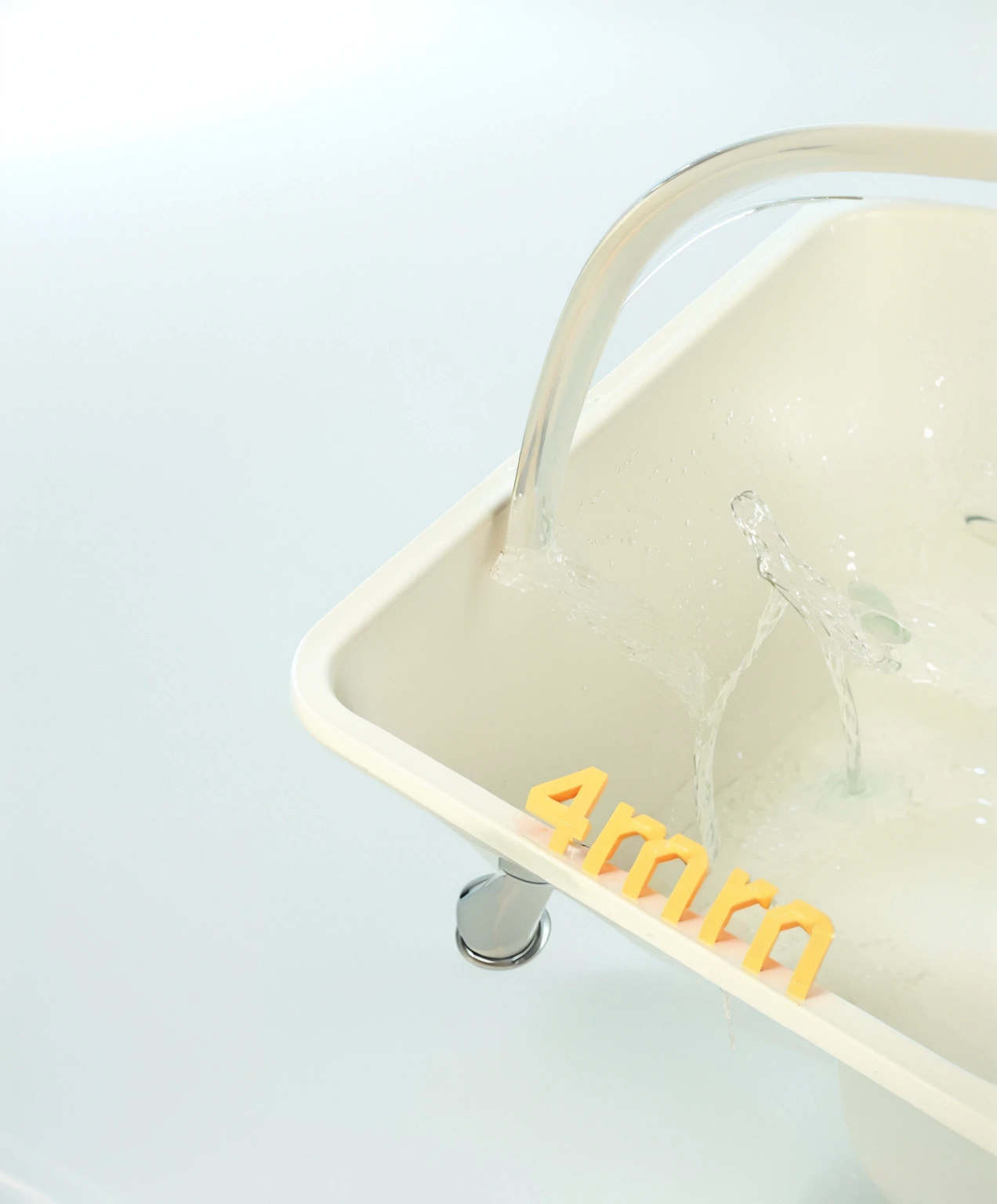 there is a white sink with a faucet and a name on it, 3 d fluid simulation render, rendered in cinema4d, rendered in cinema 4 d, depicted as a 3 d render, c 4 d ”, liquid simulation, cinema 4d render, cinema4d render, cinema 4 d render, houdini fluid simulation, clean 3 d render, c 4 d style
