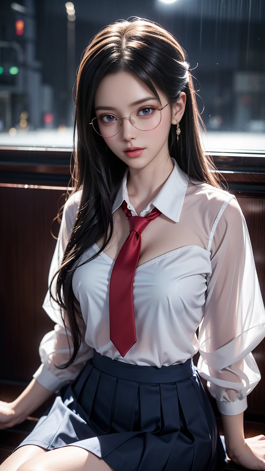 (RAW shooting, Photorealistic:1.5, 8K, Highest quality, masterpiece, Ultra-high resolution), Perfect dynamic composition:1.2, Night Street Corner, Looking up at the sky:1.3, (((Heavy rain from a typhoon))), Highly detailed skin and facial textures:1. 2, A slim high school girl wet with rain:1.3, Sexy beauty, Perfect Style:1.2, Aesthetic and beautiful, Fair skin, Very beautiful face, (Rain dripping all over my body:1. 2, Wet Hair:1.4, Wet Hair:1. 2)、Water droplets on the skin、(Medium chest、Chest gap)、(Shy laugh、The expression when feeling intense caressing、Facial expression when feeling pleasure)、(Beautiful blue eyes)、perfect body、Perfect fingertips(Girl sitting on train seat)、Highest quality作品、Live-action work、Ultra Premium Graphics、8K HD CG作品、High Quality Graphics、High-definition CG works、10x pixels、Ultra-fine details:1. 1、Advanced technical details:1.1、Photorealistic、室内Lighting Effects:1.5、Natural light:1.5。Lighting Effects(バーチャルLighting Effects:1. 8),(Golden white short hair),(Bob Hair),(close your eyes),(Thin eyebrows),(High nose),(Clean red lips),(Rose Cheeks),(Subtle makeup face),(Girl),(Cute face),(Perfectly balanced face),(Light-toned foundation),(Enhances the clarity of the skin)((Semi-transparent white blouse、Red tie、Navy blue checked skirt)).( Wet light blue bra、Pink nipples)、
40k, photograph, On the table, Highest quality, Rain Background, ((明るい髪Girl, She has a beautiful face and、Wear glasses,