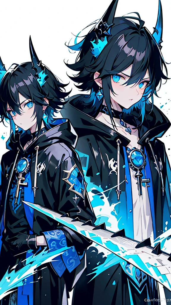 (masterpiece:1.2、highest quality), (Exquisite eyes: 1.2), (Detailed Background、Dark fantasy), (beauty detailed face), High Contrast, (Best lighting、Very delicate and beauty), ((Cinema Lighting) )), colorful, Hyper Detail, Dramatic Light, Intricate details, (1 boys, scruffy black hair, bangs, Blue eyes, dark castle, moon, dark night, midnigt, long earrings, black hoodie, blue demon horns, blue great sword at the back, looking at viewer, upper body), Black light swirling around the character, Depth of written boundary, black light particles, Nightcore, Spectacular anime style, zerochan art, Anime Wallpaper, Burning, High quality anime art style, Key Anime Art.