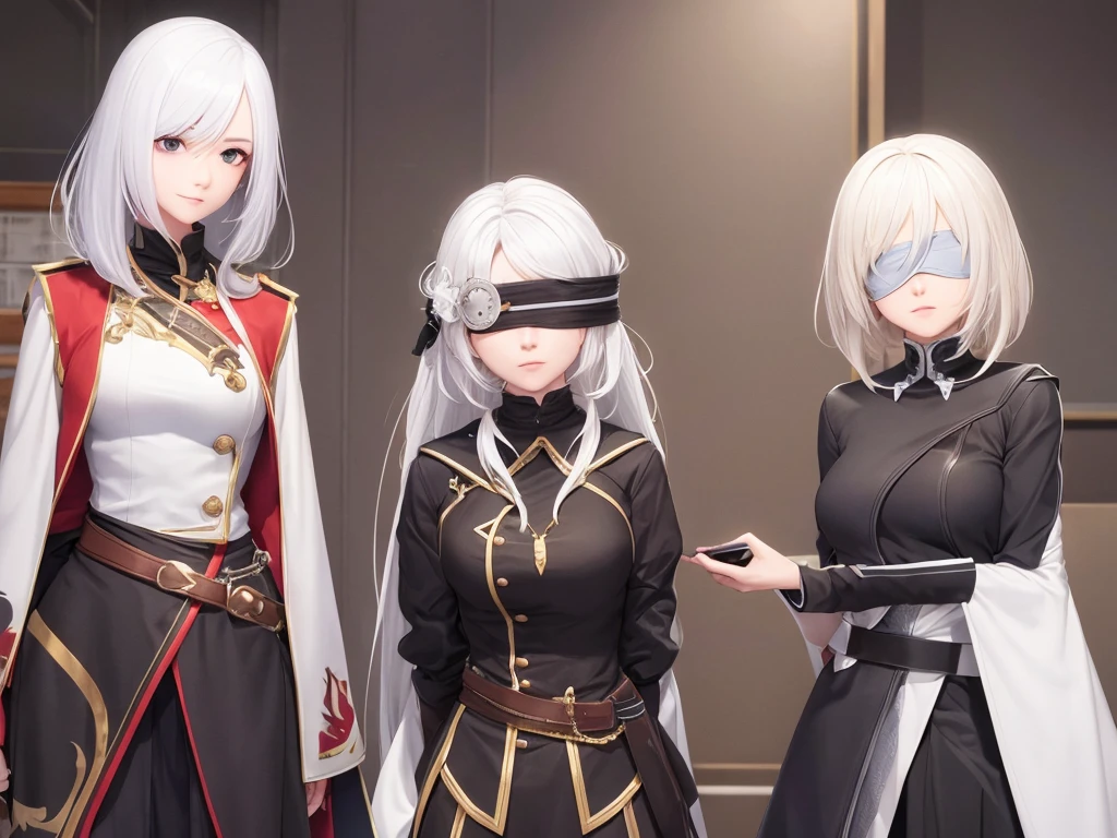 Could you create a female character?, white  hair, thin and blindfolded