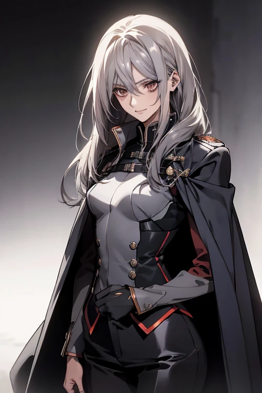 (Confused, High resolution, Very detailed), 1 female, Silver Hair,Long Hair,Reddish brown eyes,Blue and black military uniform,24th generation,beauty,mature,thin,quiet,Calm,A small smile,Long Cape,Slender and thin,Knee-high boots,skinny pants,Hanger,Small breasts,thin身体,Are thin