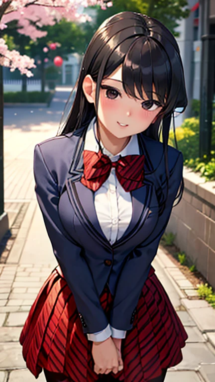 no matter what、Shiny black hair, , (Beautiful black eyes、Sparkling eyes, Ultra-detailed eyes、Fine grain)、smile、Highly detailed face, Highly detailed eyes,Cowboy Shot、

(Highest quality, Realistic), (Portraiture), (Vibrant colors), (Soft lighting), (Tabletop,High resolution,16K:1.2),


v Arms, pantyhose, In front of the school gate , Red Skirt, Red Bow, blazer, Cherry tree in full bloom 、Are standing, , crowd