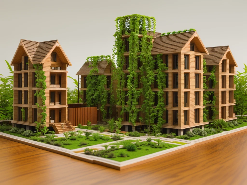 there are four miniature model buildings made of wood and plants, section model, architectural model, detailed clay model, center model buildings, miniature model, with vegetation, diorama model, detailed model, highly detailed model, 3d printed building, clay model, backside of scenography elements, perspective view, concept model, building cover with plant, buildings covered with greebles