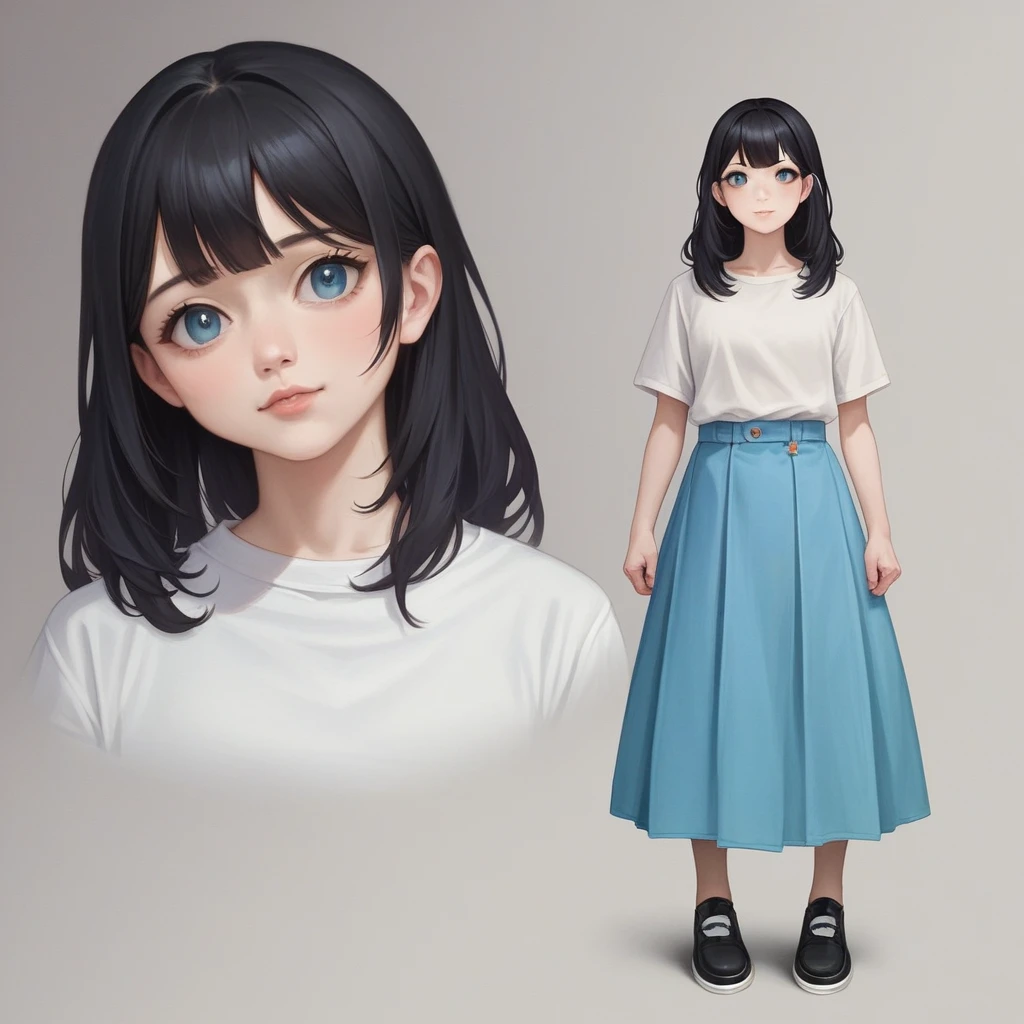 high quality, 4k, within, Close-up portrait of black-haired woman wearing white shirt and light blue skirt, photorealistic render of anime girl, 3D cute anime girl render, April rendering, Anime VTuber Full Body Model, Full Body Xianxia, live2d virtual youtuber template, soft anime cg art, Realistic Portrait Full Body 3D Realistic Anime Style, Photorealistic full body