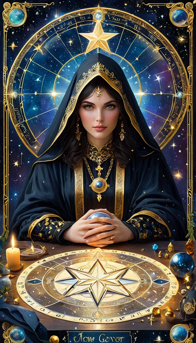 A Ornate Tarot Card, a robed astrologer sat quietly at a table full of symbols and holding a crystal star-chart-ball, with a text at the bottom of the card, close on face, tarot card, extremely high quality for texture, front and two sides, it's full of mystical magic, the front and two sides are on the card, the overall color is dark black and shiny gold, reflecting and shiny gold, ultra detailed face, ultra detailed clothes texture, ultra details,