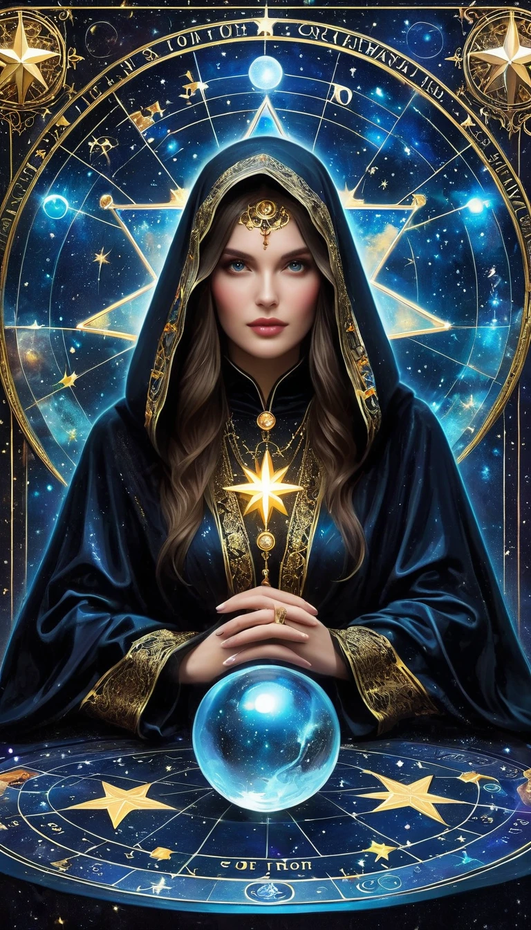 A Ornate Tarot Card, a robed astrologer sat quietly at a table full of symbols and holding a crystal star-chart-ball, with a text at the bottom of the card, close on face, tarot card, extremely high quality for texture, front and two sides, it's full of mystical magic, the front and two sides are on the card, the overall color is dark black and shiny gold, reflecting and shiny gold, ultra detailed face, ultra detailed clothes texture, ultra details,