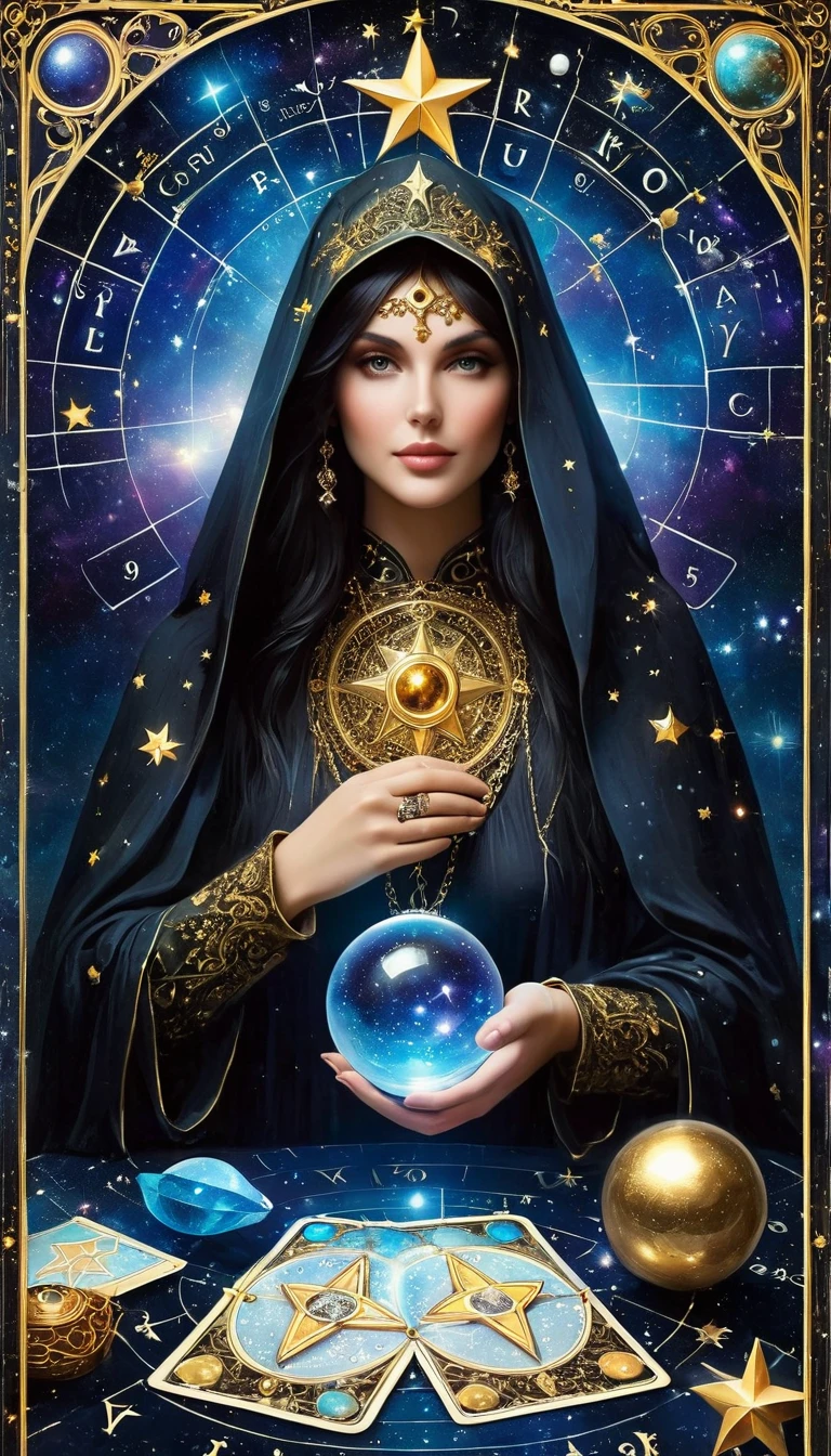 A Ornate Tarot Card, a robed astrologer sat quietly at a table full of symbols and holding a crystal star-chart-ball, with a text at the bottom of the card, close on face, tarot card, extremely high quality for texture, front and two sides, it's full of mystical magic, the front and two sides are on the card, the overall color is dark black and shiny gold, reflecting and shiny gold, ultra detailed face, ultra detailed clothes texture, ultra details,