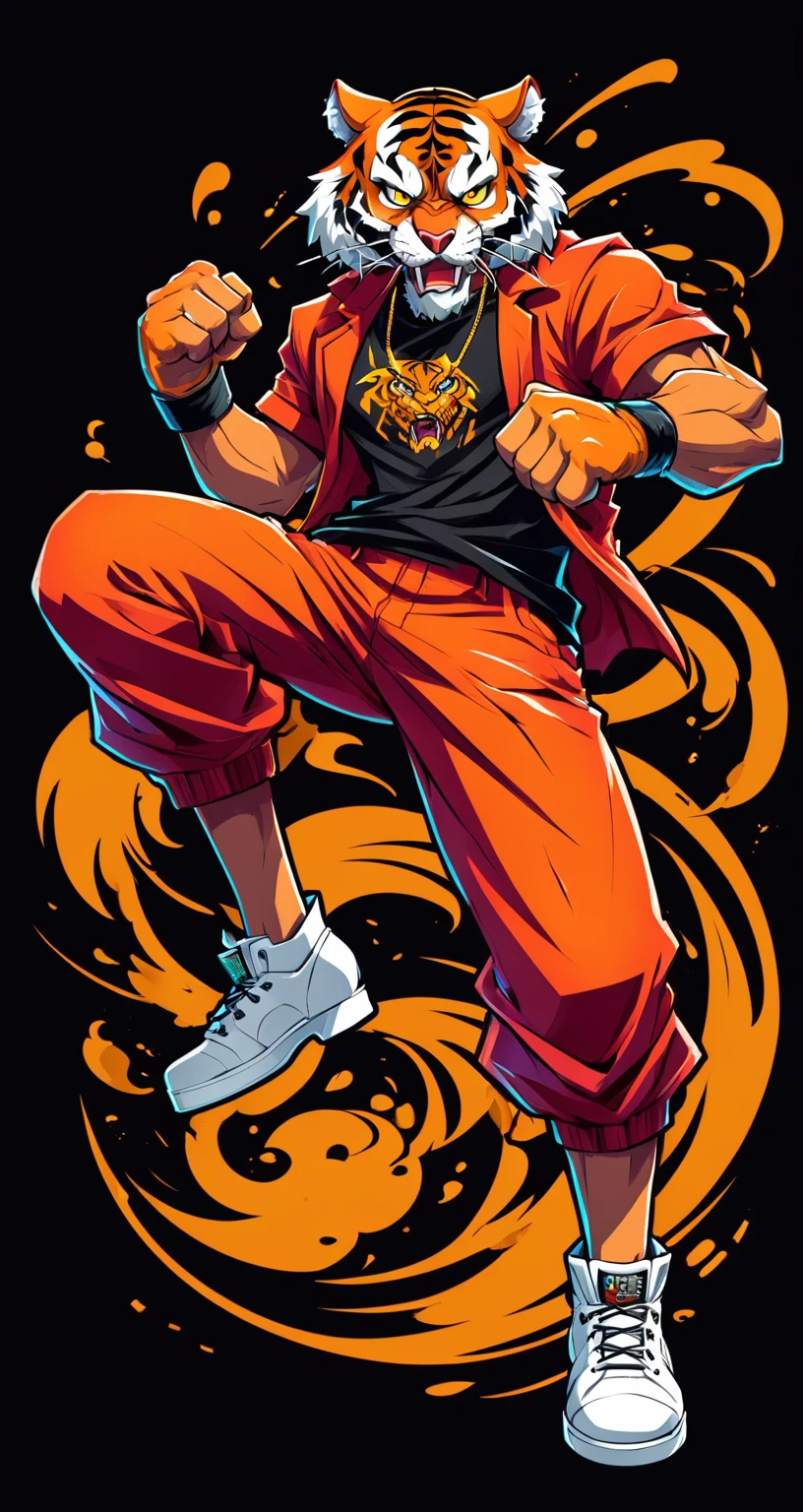 Tiger style fighting game, Hip-Hop Style, t shirt design, flat-colors, vectorial art, ((black backdrop)) . dynamic, Vibrant, full of action, detailed character design, reminiscent of fighting video games