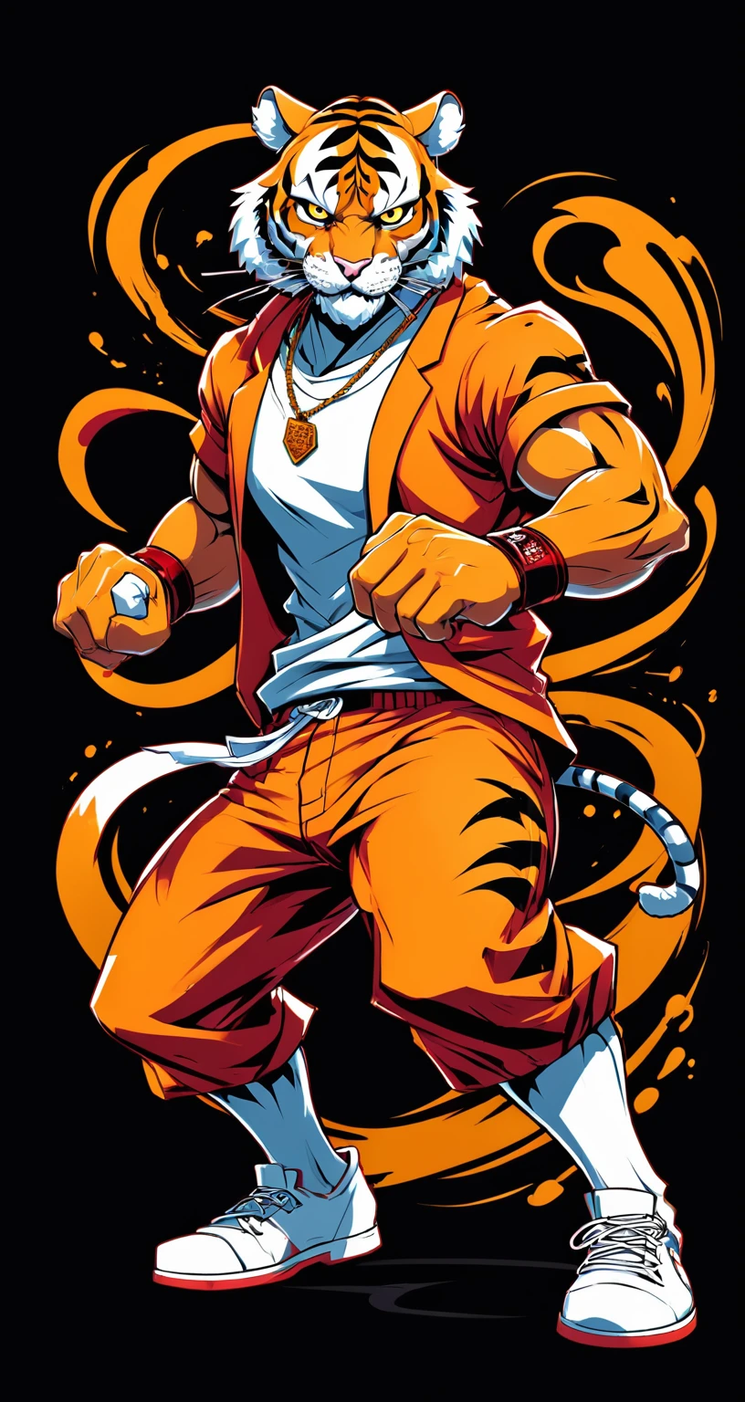 Tiger style fighting game, Hip-Hop Style, t shirt design, flat-colors, vectorial art, ((black backdrop)) . dynamic, Vibrant, full of action, detailed character design, reminiscent of fighting video games
