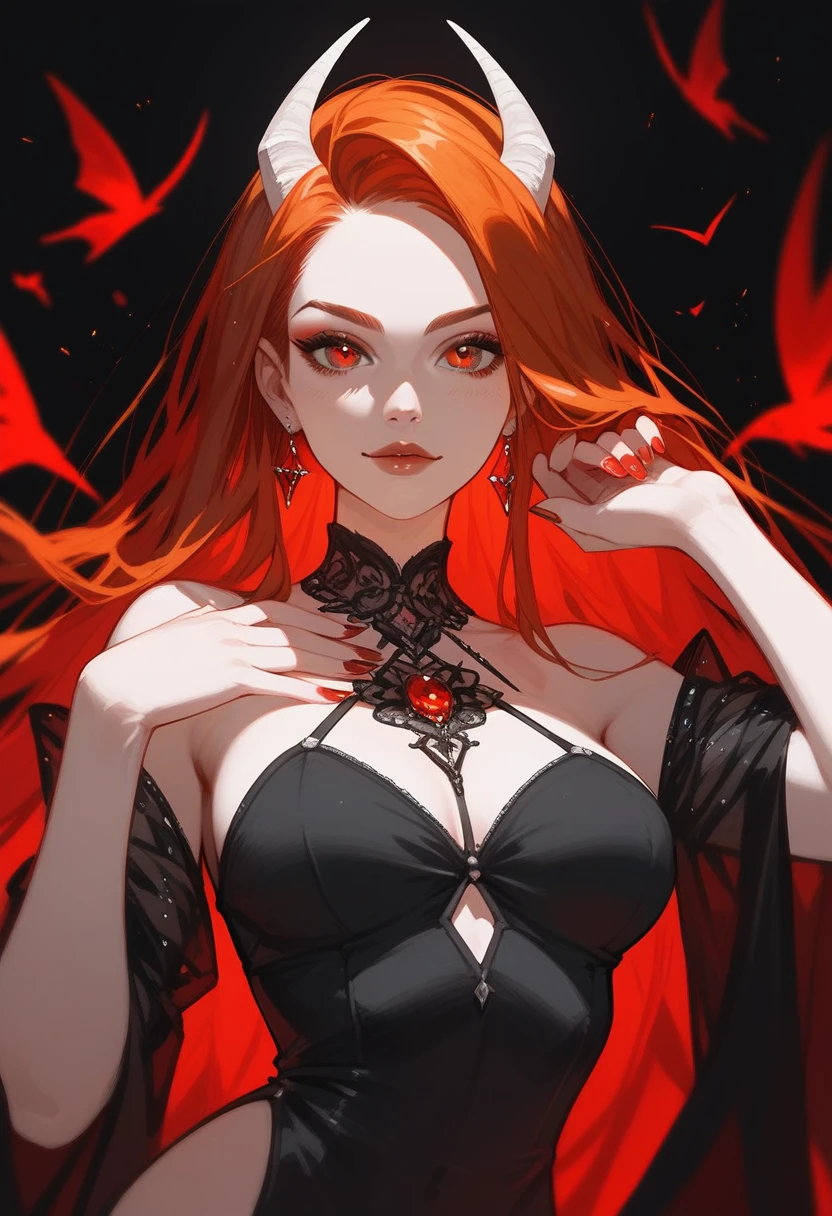 (score_9,score_8_superior,score_7_superior),One girl,Girl Devil,Redhead,Red eyes,wing,nail,Black Dress,beautiful_face,