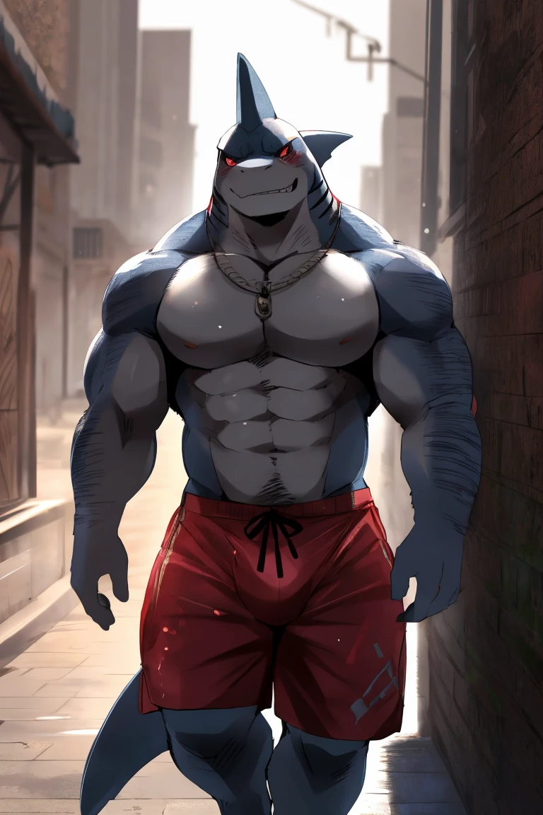 a muscular male shark, light grey skin, dark red eyes, walking up from the sea, blue swimming trunks, bulge in crotch, shirtless, body wounds, furry, bara, (best quality,4k,8k,highres,masterpiece:1.2),ultra-detailed,(realistic,photorealistic,photo-realistic:1.37),highly detailed portrait, detailed texture, dramatic lighting, cinematic, by hyaku