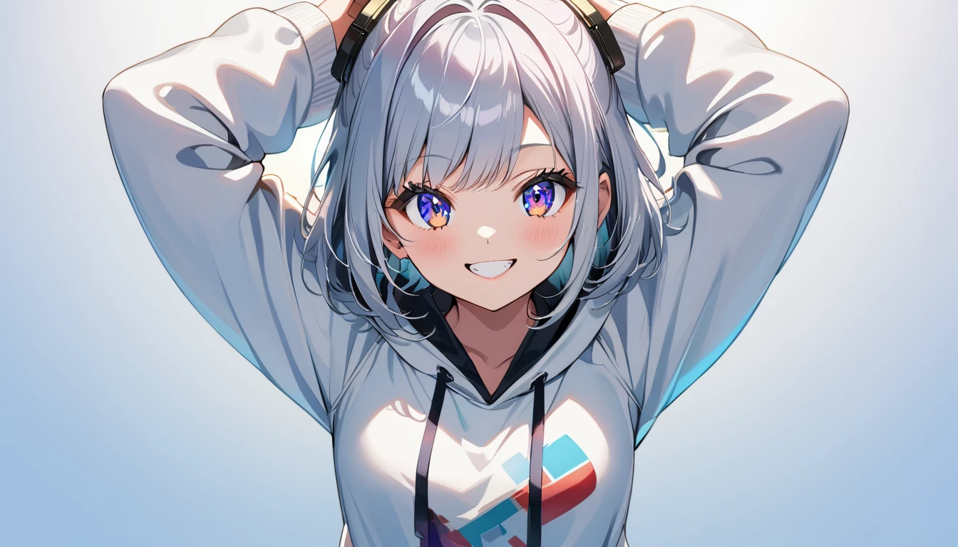 ((Masterpiece)), ((best quality)), (Anime:1.3), (super detail:1.2), (High Definition:1.3), (Professional Photography:1.3), cute young Girl, (T-pose:1.5), (Flying in the Sky), Glossy unruly hair, (loose swept bangs), (silver ash hair), medium hair, big eyes, (Eye bags:1.3), (Long eyelashes), colorful eyes, (Smile), Glossy lips, (jagged teeth), ((white hoodie with oversized)), barearms, cute, (hands in pocket), (colorful:1.3), gothic makeup, headphones,