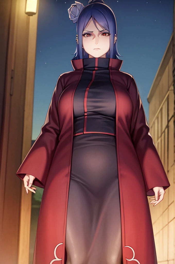 akatsuki robe with red clouds, robe unbuttoned, piercings, looking at the viewer, blue hair, standing alone on a dark alley, night time, busty, large breasts, high quality, 4k