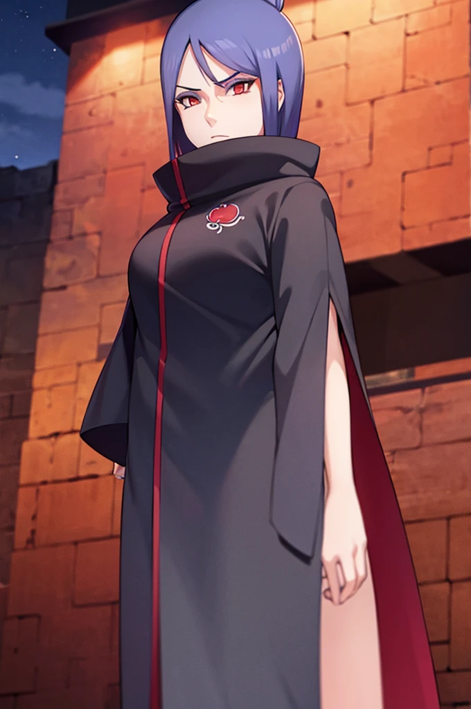 akatsuki robe with red clouds, robe unbuttoned, piercings, looking at the viewer, blue hair, standing alone on a dark alley, night time, busty, large breasts, high quality, 4k