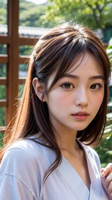 Japanese women、20th Generation、Neat and clean beauty、Small face、high resolution、Red yukata、Brown Hair、ponytail、