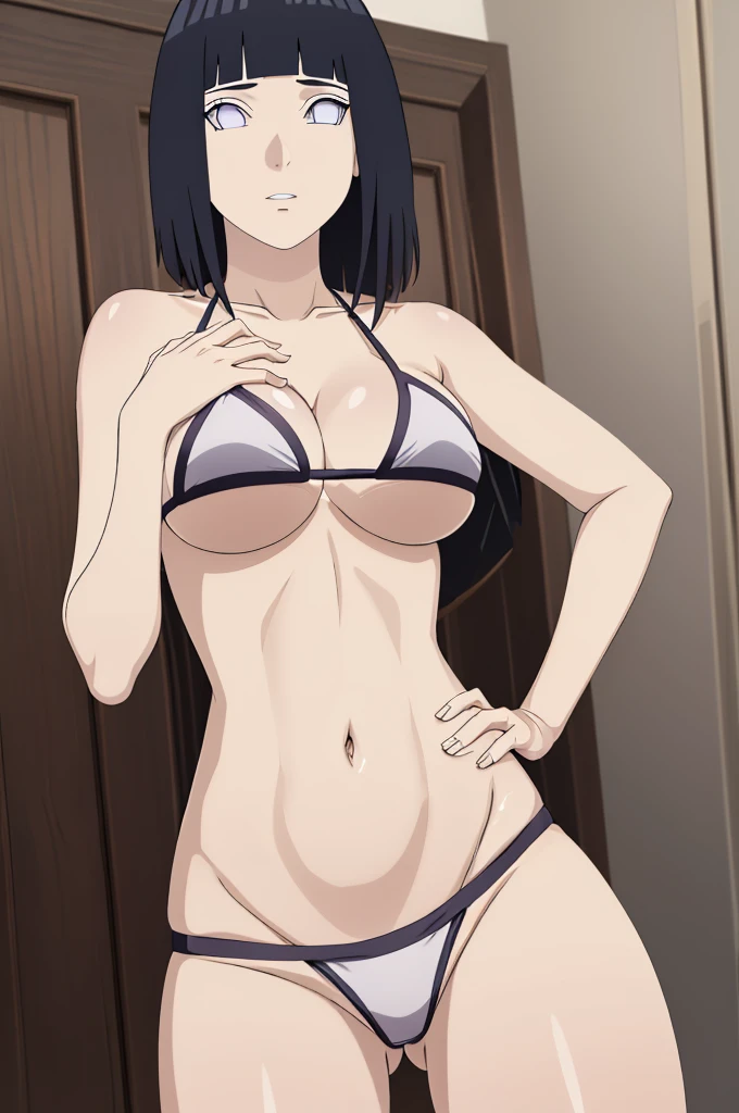 masterpiece, (intricate details), (colorful),cinematic lighting,extremely detailed CG unity 8k wallpaper ,hinata\(boruto\), 1girl,solo, large breasts, (hinata, hyuuga hinata, purple eyes, blunt bangs, black hair) big breasts, perfect breasts, large breasts, round breasts, sexy body, slim waist, nice hips, skinny, nice thighs, thick thighs, black bra, cleavage, bare shoulders, collarbone, underboob, slim waist, white bikini, bikini, swimsuit, small bikini, plain background, cowboy shot, body shot, front shot, full body, white backdrop, perfect eyes, glowing eyes, beautiful eyes, black background, simple background, no background , body shot, hands on hip
