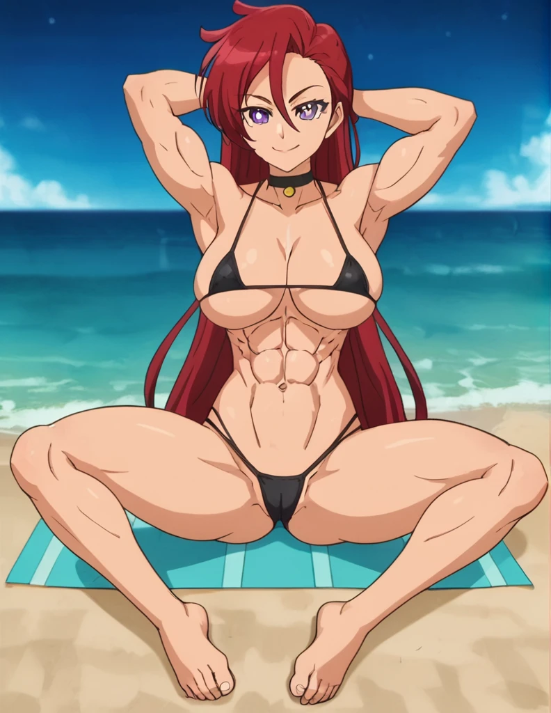 Takizawa Asuka, Tall, sitting with her legs spread,best quality, red hair, very long hair, hair between eyes, purple eyes, athletic body, black choker, off shoulder, high quality, solo, night sky, beach, arms behind head, contrapposto, closed mouth, spread armpits, (cowboy shot:1.5), looking at viewer, smile, best quality, anime coloring, anime screencap, big breast, underboob, abs, red micro-bikini, bare feet,extremely well-trained abdominal muscles, ten cubes of abs on the stomach, full body, extreme muscle abs, a muscular belly