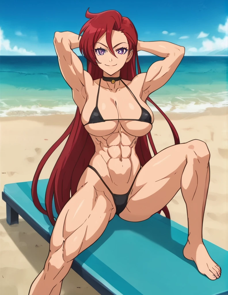 Takizawa Asuka, Tall, sitting with her legs spread,best quality, red hair, very long hair, hair between eyes, purple eyes, athletic body, black choker, off shoulder, high quality, solo, night sky, beach, arms behind head, contrapposto, closed mouth, spread armpits, (cowboy shot:1.5), looking at viewer, smile, best quality, anime coloring, anime screencap, big breast, underboob, abs, red micro-bikini, bare feet,extremely well-trained abdominal muscles, ten cubes of abs on the stomach, full body, extreme muscle abs, a muscular belly