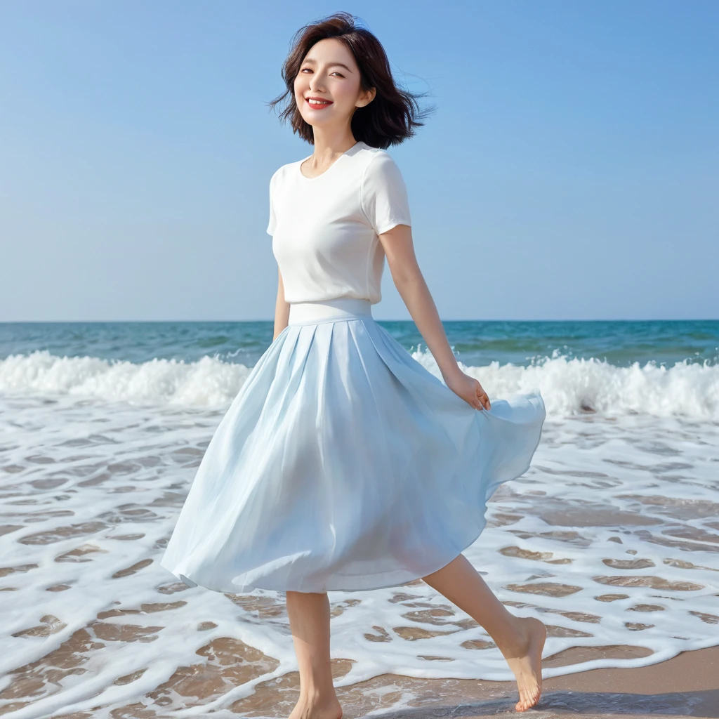 blue,Beach with white waves, Beautiful 36-year-old short Korean woman, Chest size 34 inches, Wear white short sleeves and sleeveless tops, lightweight mid length skirt. beautiful pretty woman look , wearing a light skirt , Go far into the sea water, dip your toes and stand on the beach. Short medium hair blowing in the wind, 1 woman, beautiful eyes, Smiling, Full-body photo taken from afar with a wide-angle lens, The background is clean and perfect., the waves are coming, short woman