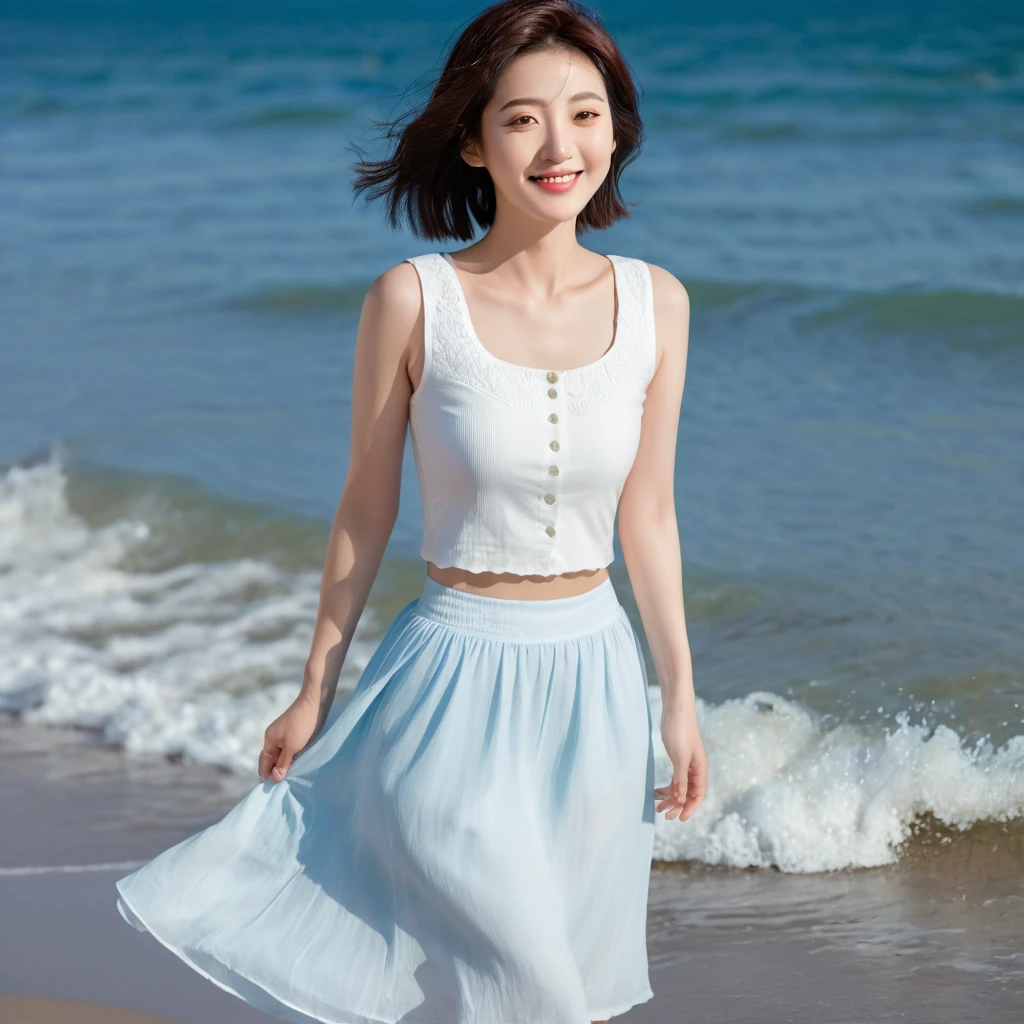 blue，Beach with white waves, Beautiful 36-year-old short Korean woman, Chest size 34 inches, Wear white short sleeves and sleeveless tops, lightweight mid length skirt. beautiful pretty woman look , wearing a light skirt , Go far into the sea water, dip your toes and stand on the beach. Short medium hair blowing in the wind, 1 woman, beautiful eyes, Smiling, Full-body photo taken from afar with a wide-angle lens, The background is clean and perfect., the waves are coming, short woman