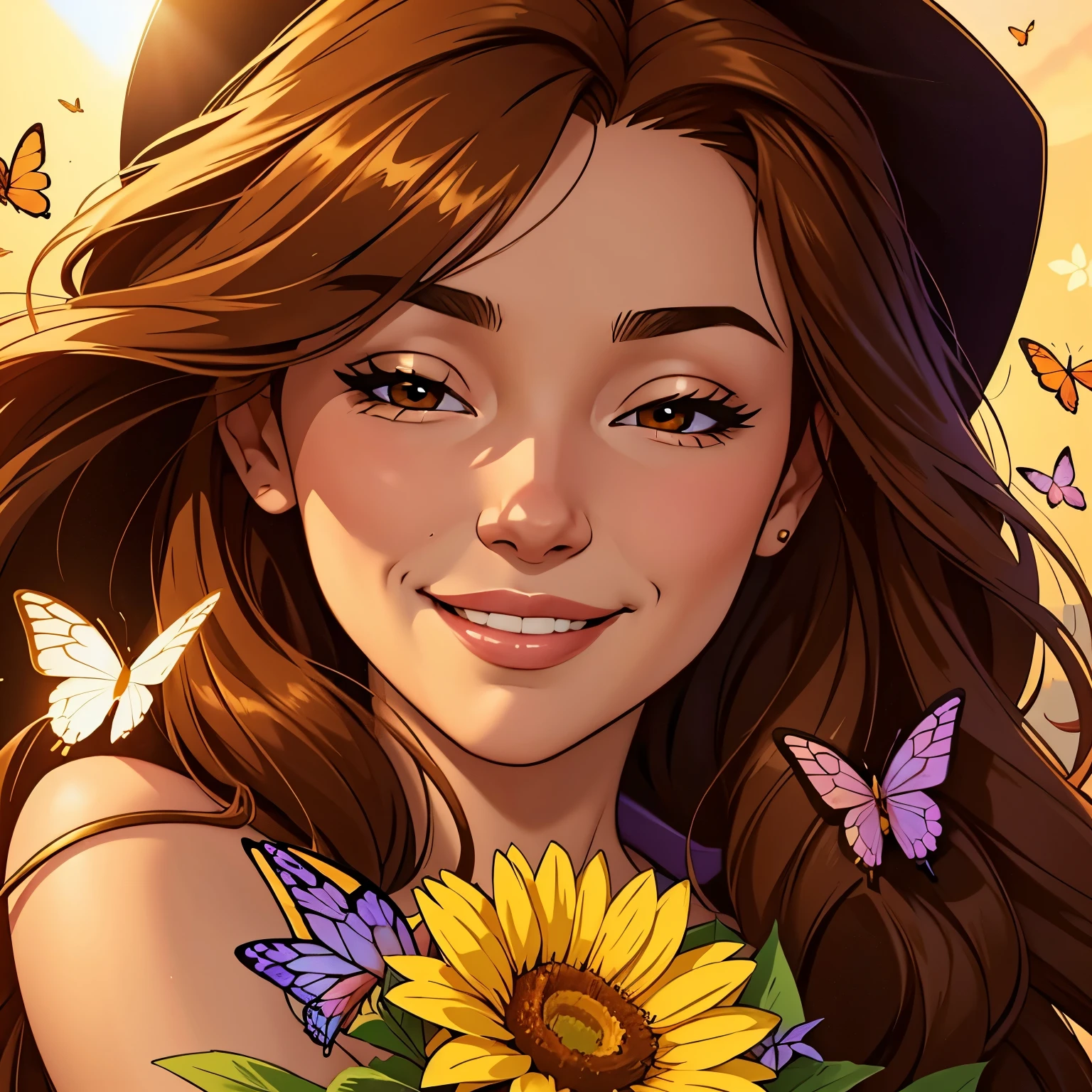 a girl is surrounded by flowers and butterflies, detailed smiled face, webtoons, golden sunlight, dark brown colored long hair, streaming on twitch, smiling amazed, 8 h, closed mouth smile, dream of better days