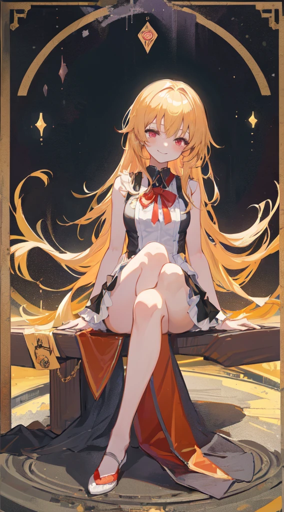 1Girl, golden hair, sharp red eyes but closed 1 eyes, blush, harm smile, wearing high school girl clothes, sitting while playing music tools, make it like tarot anime-style but no frame