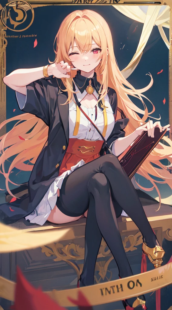 1Girl, golden hair, sharp red eyes but closed 1 eyes, blush, harm smile, wearing high school girl clothes, sitting while playing music tools, make it like tarot anime-style but no frame
