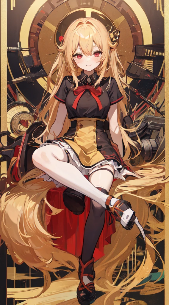 1Girl, golden hair, sharp red eyes but closed 1 eyes, blush, harm smile, wearing high school girl clothes, sitting while playing music tools, make it like tarot anime-style but no frame