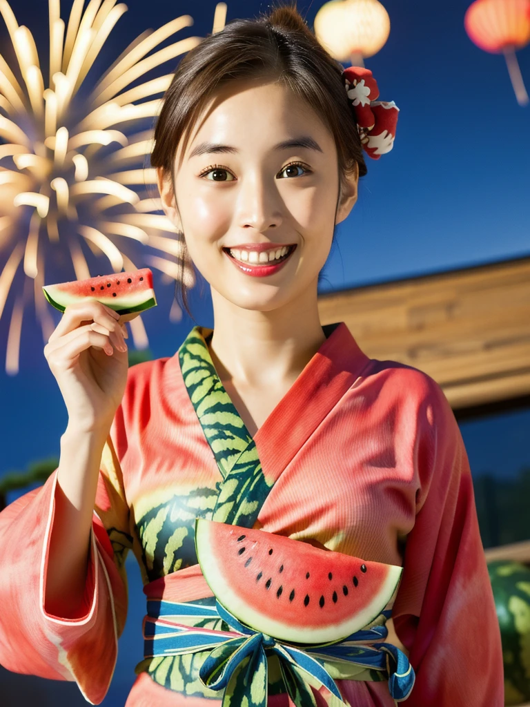 (fireworks), 1girl,(matsuri) (((Watermelon patterned yukata))), , (absurdres, highres, masterpiece), (night), vibrant colors, fluid colors, fine detailed beautiful face, ultra detailed, cowboy shot