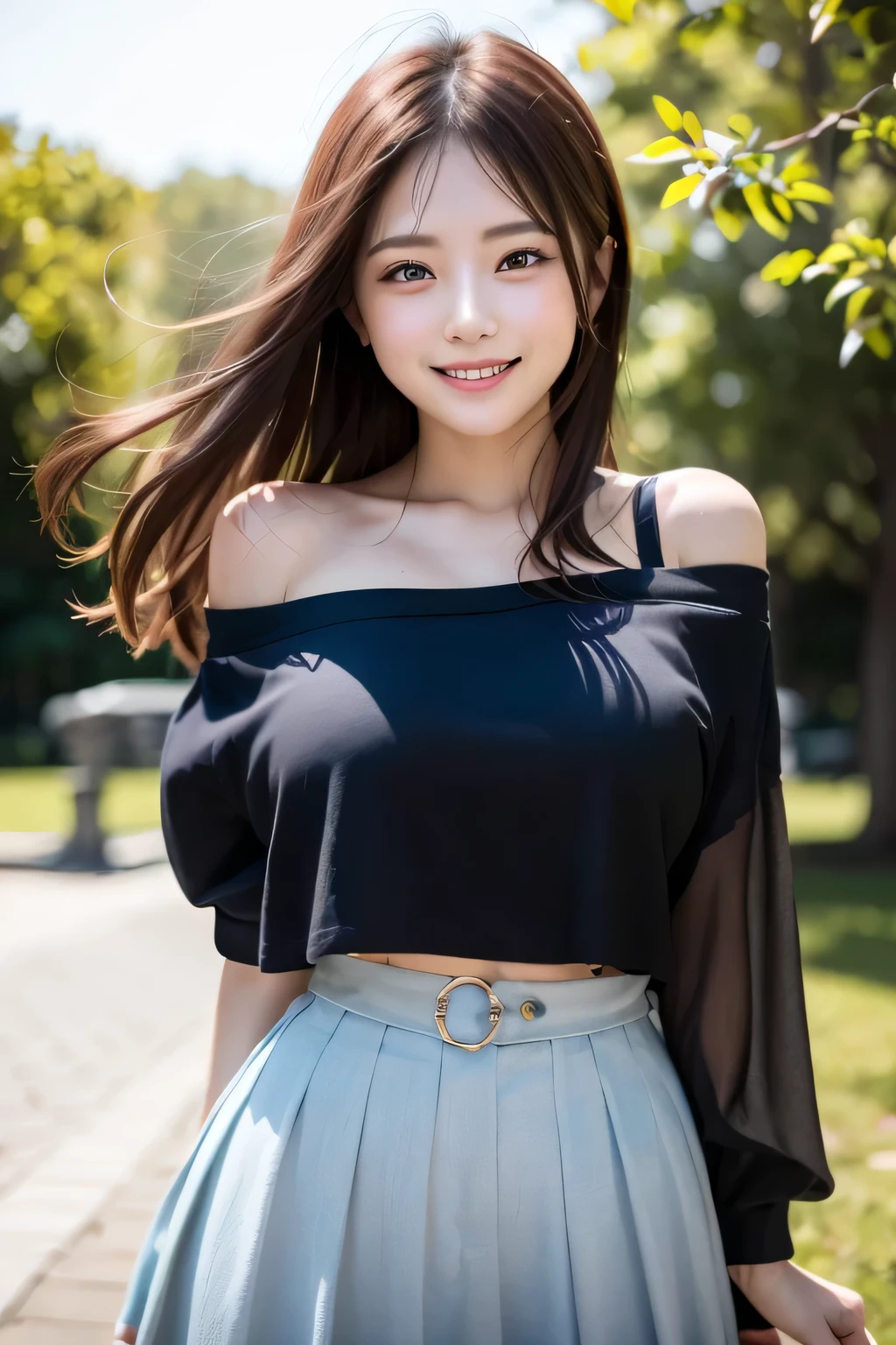 (((Beautiful woman standing in a windy park:1.3))),(Hair soars in strong winds:1.3),(The strong wind makes the shirt fly:1.3),(Skirt floating in strong wind:1.3),Holding down her frilly skirt with her hands:1.3),Off the shoulder,White shirt,Looking at the audience,whole body,From above,look up,Beautiful Hands,(Reddish brown wet shiny short messy hair),Blushing,Pointed red mouth,Big Breasts,Accentuate your breasts,Perfect body curves,Beautiful clavicle,((Expressing happiness through facial expressions:1.3))),Nice face,
Detailed clothing features,Detailed hair features,Detailed facial features,Looking into the camera,,(Dynamic and sexy pose),Cinematic Light,(Highest quality,Written boundary depth,Intricate details,The contrast of light and shadow、The subject appears three-dimensional,) ,Digital single-lens reflex camera, (Realistic),(Picture Mode Ultra HD,)
