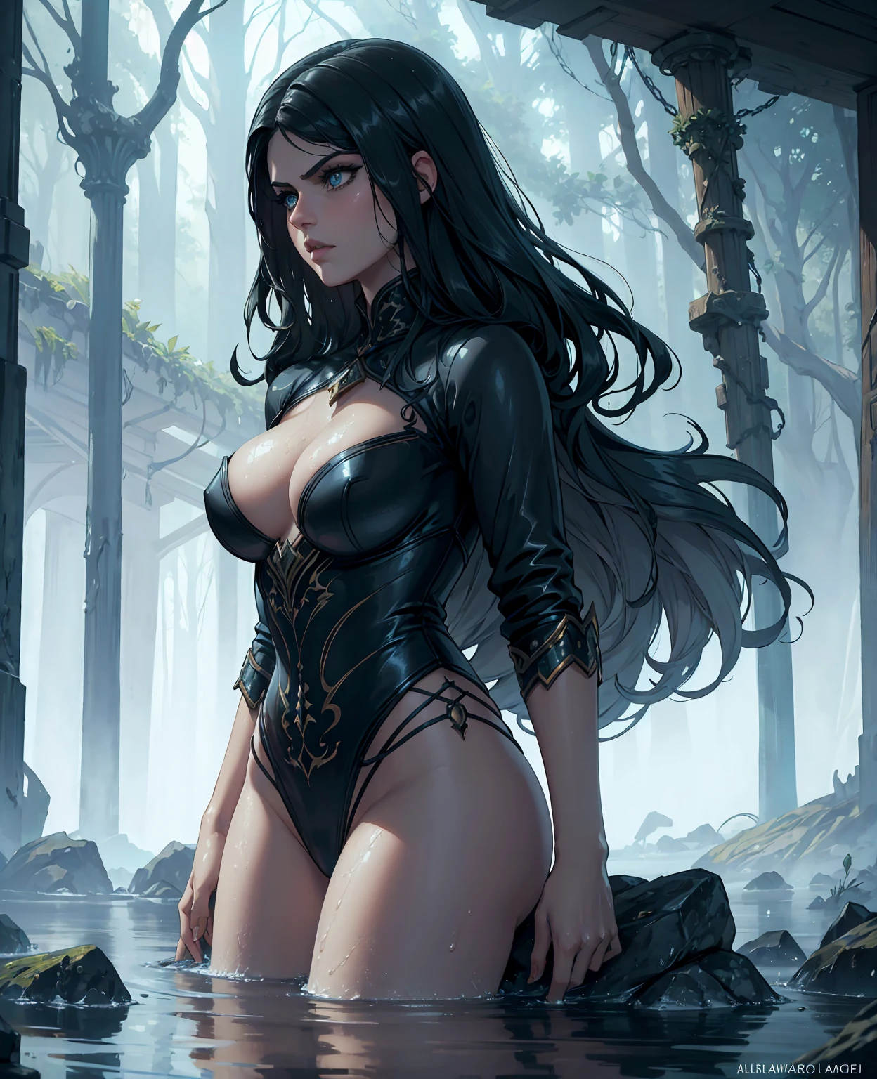 A detailed, high-quality Stable Diffusion prompt for the given topic:
Alexandra daddario as water mage, dark fantasy, beautiful detailed eyes, beautiful detailed lips, extremely detailed eyes and face, long eyelashes, portrait, female protagonist, intricate fantasy character design, dramatic lighting, moody atmosphere, dark fantasy, cinematic, mist, water magic, water elemental, glowing water effects, ethereal, dramatic pose, detailed facial features, chiaroscuro, oil painting, award winning concept art, digital painting, 8k, high resolution, hyper detailed, photorealistic, masterpiece