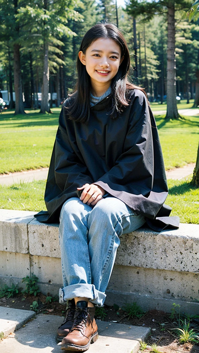 (8K、RAW Photos、Highest quality、masterpiece:1.2)、(smile)、(Realistic、Realistic)、1 Girl、((Black cotton poncho)), Oversized poncho、Thin legs、whole body、Outdoor Fashion、jeans、boots、smile))、((Bonfire))、((camp site))